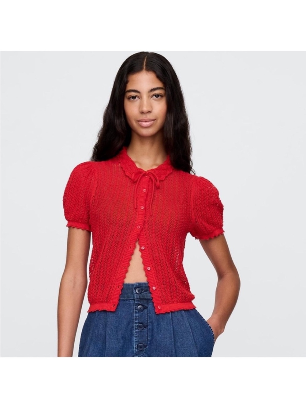Gap x DOEN Short Puff-Sleeve Red Button-Front Knit Top